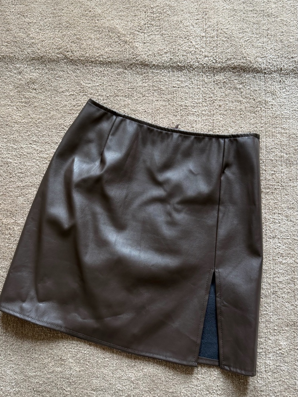 Brown Faux Leather Mini Skirt with Side Slit